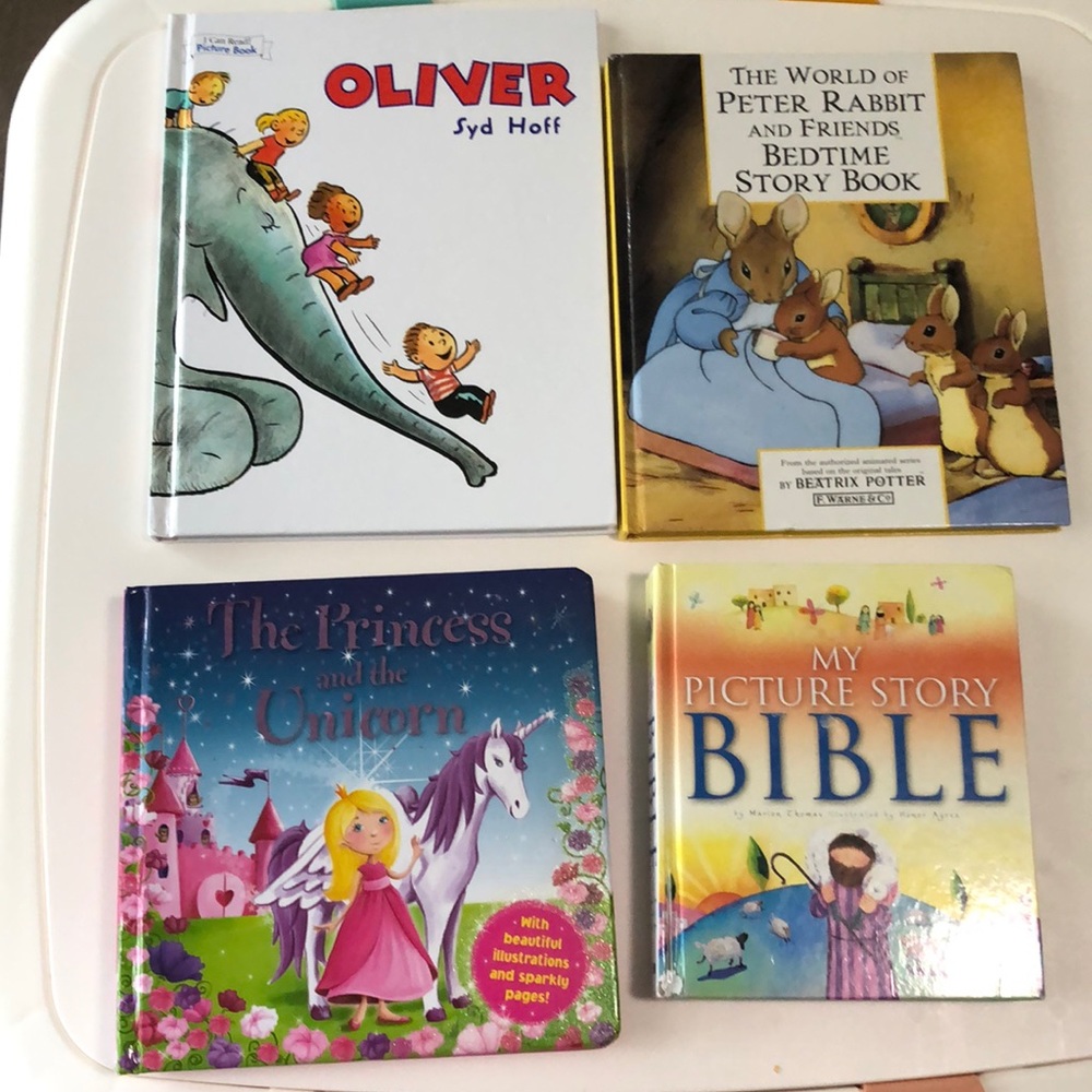 4 children’s books bundled. Peter rabbit, princes and unicorn, Oliver&bible
